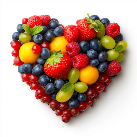 Heart-shaped display of various fresh fruits such as strawberries, blueberries, grapes, and citrus fruits on a clean white surfaceの素材