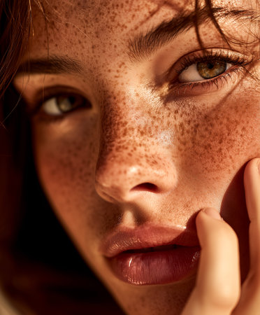 Young woman with freckles and green eyes poses in a close-up shot, illuminated by natural light, with her hand gently resting on her faceの素材