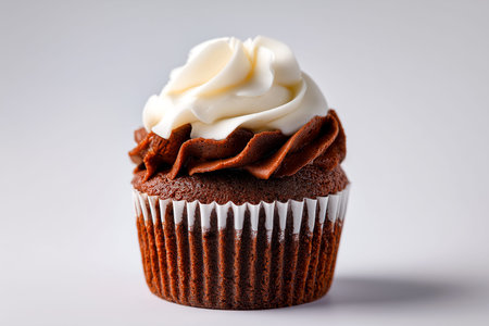 Chocolate cupcake topped with white and brown frosting, featuring a smooth texture and decorative swirls, presented against a neutral backgroundの素材