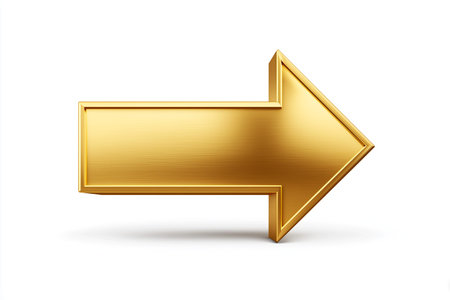 Golden arrow graphic pointing to the right, featuring a polished metallic surface and reflections against a clean white backgroundの素材