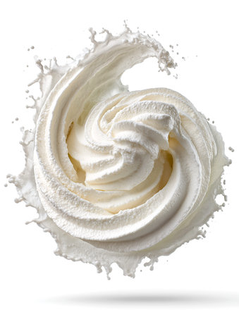 Whipped cream forms a spiral shape with milk splashes around it, emphasizing its creamy texture and dynamic motion against a white backdropの素材