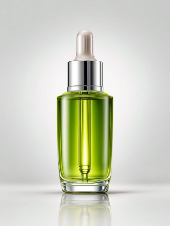 Green glass dropper bottle containing oil with a silver cap and pipette, set against a smooth gradient background for a clean product displayの素材
