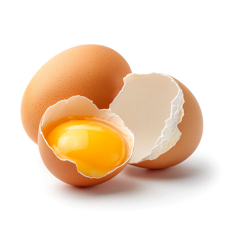 Brown eggs displayed with one egg cracked open, showing a vibrant yellow yolk and smooth white interior, emphasizing the natural texture of the eggshellの素材