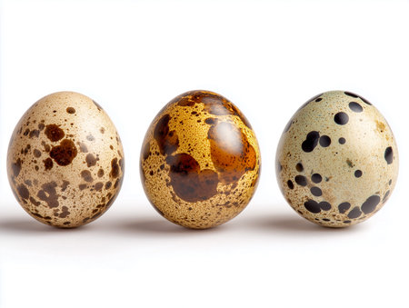 Three quail eggs with unique speckled patterns arranged on a white background, highlighting their diverse colors and textures for culinary or decorative purposesの素材