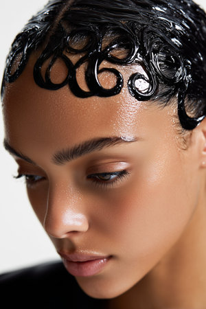 A close-up beauty portrait of a woman with glowing skin and a modern hairstyle featuring glossy, sculpted finger waves along the hairline for a sleek, wet lookの素材
