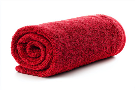 Rolled red towel with a soft, fluffy texture placed on a white background, emphasizing its vibrant color and suitability for home or spa environmentsの素材