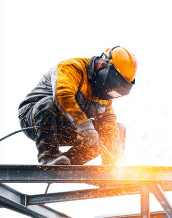 Male welder in safety gear performs welding on a steel structure, with sparks visible and a bright sky in the backgroundの素材