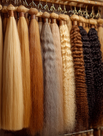 Hair extensions in multiple colors and textures are arranged neatly on a wooden rack, featuring straight, wavy, and curly styles for styling optionsの素材