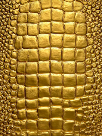 Close-up view of golden crocodile leather featuring unique scale patterns, ideal for high-end fashion, accessories, and interior design projectsの素材