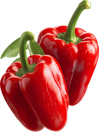 Two vibrant red bell peppers with green stems and leaves, featuring a shiny surface and droplets of water, isolated against a white backgroundの素材