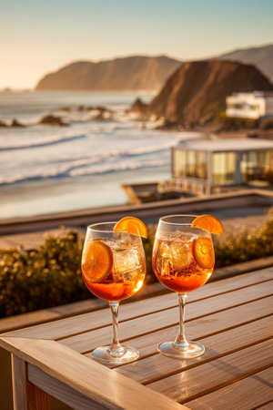 Two glasses of cocktails with orange slices sit on a wooden table, with a beach and cliffs visible in the background during sunsetの素材