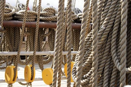 Pulleys and ropes on a sailing ship.の写真素材