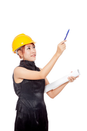 Asian architect girl wear hardhat and point a pen up  isolated on white backgroundの写真素材