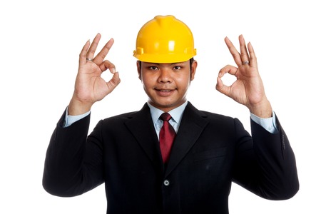 Asian engineer man show OK sign with both hand  isolated の写真素材