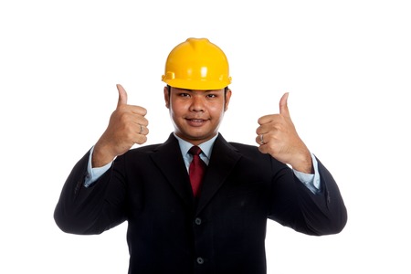 Asian engineer man show thumbs up with both hand  isolated の写真素材