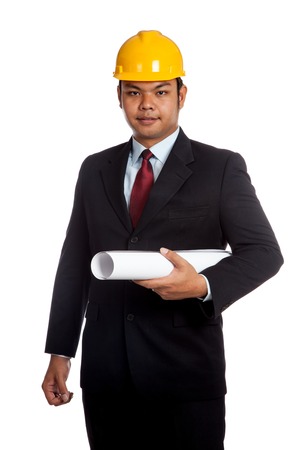 Asian engineer man hold a blueprint look at camera isolated on white backgroundの写真素材