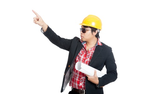 Asian engineer man point up  isolated on white backgroundの写真素材