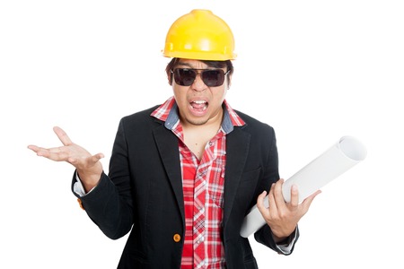 Frustrated  Asian engineer man cry mouth open angry scream  isolated on white backgroundの写真素材