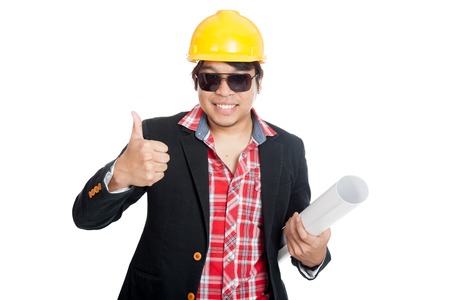 Asian engineer man show thumbs up  isolated on white backgroundの写真素材