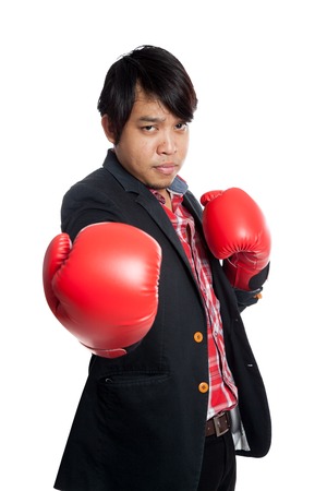 Asian man wear boxing gloves ask to fight  isolated on white backgroundの写真素材