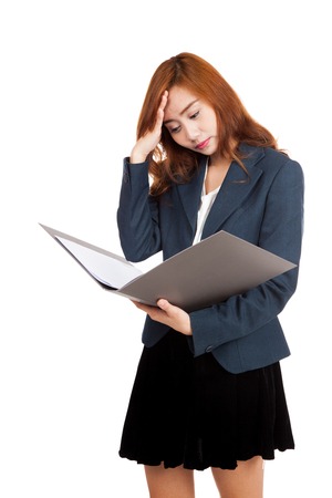 Asian office girl got headache with data in folderの写真素材