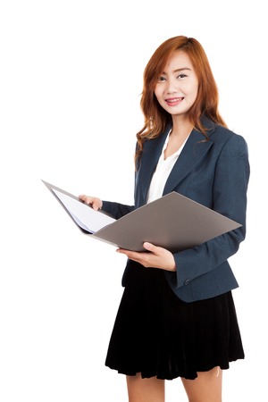 Asian office girl open a folder and smile  isolated on white backgroundの写真素材