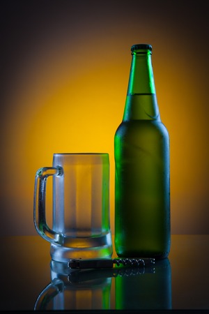 Bottle of lager beer with a Mugの写真素材