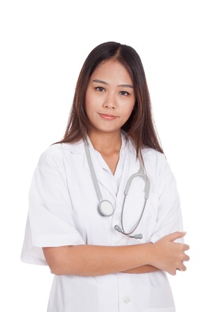 Portrait of Asian female doctor  folded arms  isolated on white backgroundの写真素材