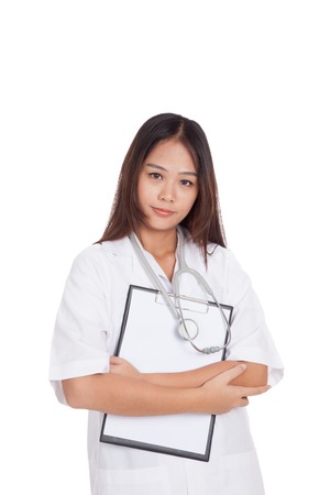 Asian young female doctor hold a clipboard  isolated on white backgroundの写真素材