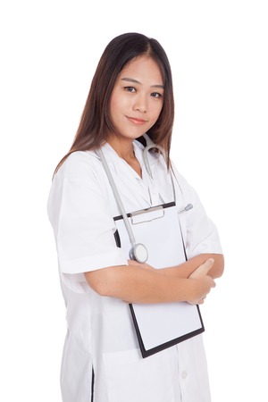 Asian young female doctor hold a clipboard  isolated on white backgroundの写真素材