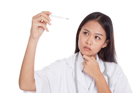 Young Asian female doctor  think  with thermometer isolated on white background