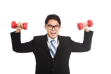 Asian businessman smile with red dumbbells  isolated on white backgroundの写真素材