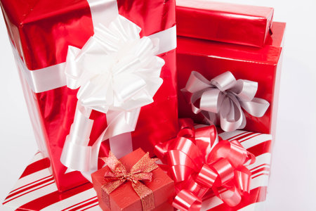 Group of red gift boxes for christmas on white background