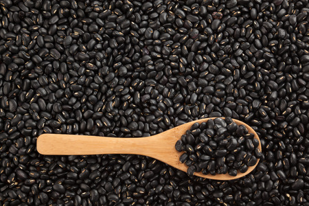 Black beans with wooden spoon on black beans  background