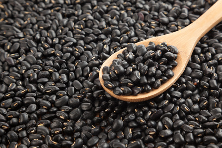 Black beans with wooden spoon on black beans  backgroundの写真素材