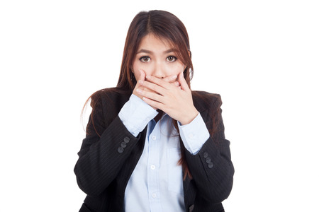 Young Asian businesswoman shocked and close her mouth  isolated on white backgroundの写真素材