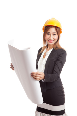 Asian engineer woman with blueprints  isolated on white backgroundの写真素材