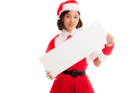 Asian Christmas Santa Claus girl with blank sign  isolated on white backgroundの写真素材