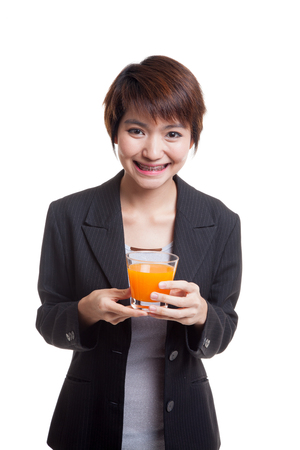 Young Asian woman drink orange juice  isolated on white background.の写真素材