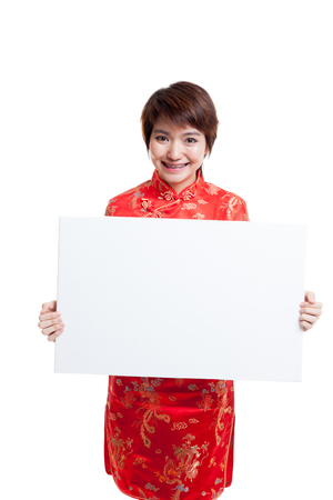 Asian girl in chinese cheongsam dress with  red blank sign isolated on white background.の写真素材