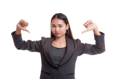 Happy Asian office girl show thumbs down with both hands  isolated on white background.