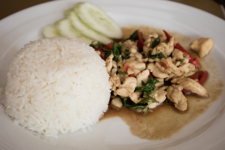Thai street food , Spicy fried chicken basil with riceの写真素材