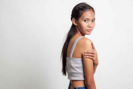 Happy Beautiful young Asian woman on white backgroundの写真素材