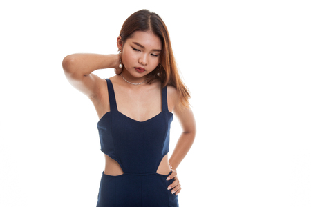 Young Asian woman got neck pain isolated on white backgroundの写真素材