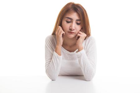 Asian girl with sad emotion  isolated on white backgroundの写真素材