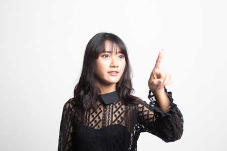Asian woman touching the screen with her finger on white background
