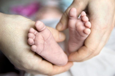 Mother is holding newborn feet.の写真素材