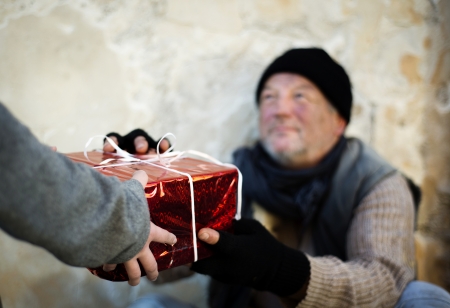 Christmas gift for homeless manの写真素材