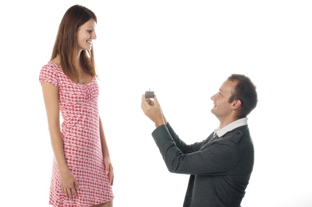 Proposal scene with happy woman and man.の写真素材