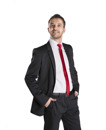 Successful business man is standing on isolated white backgroundの写真素材